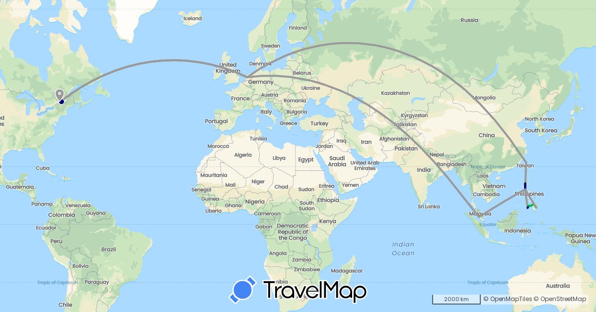 TravelMap itinerary: driving, bus, plane, boat in Canada, Malaysia, Netherlands, Philippines, Taiwan (Asia, Europe, North America)